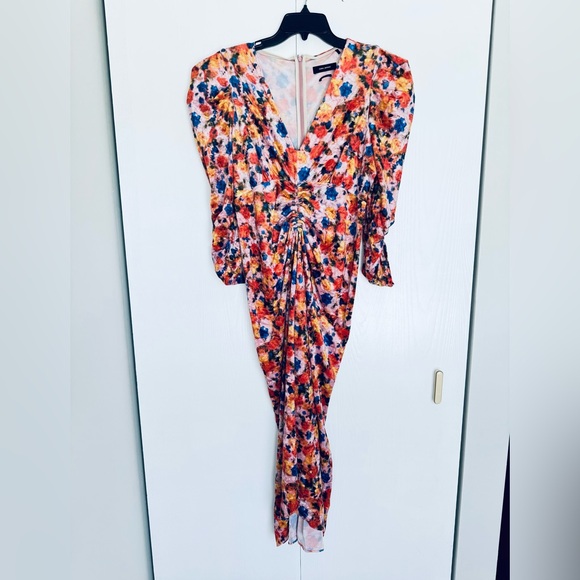 ISABEL MARANT Gilalbi ruched floral-print stretch-velvet midi dress orange US 10 - Picture 6 of 17